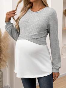 SHEIN Maternity Autumn Casual Color Block 2 In 1 Sweatshirt