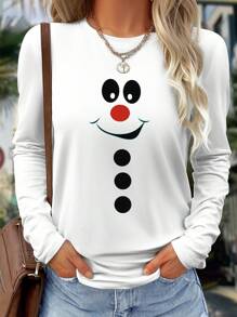 SHEIN LUNE Camiseta gráfica de manga larga de base de moda casual y cómoda de estilo urbano con ajuste ceñido con diseño de muñeco de nieve de dibujos animados para mujer, ideal para primavera, otoño e invierno