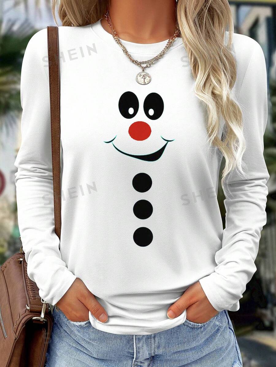 SHEIN LUNE Camiseta gráfica de manga larga de base de moda casual y cómoda de estilo urbano con ajuste ceñido con diseño de muñeco de nieve de dibujos animados para mujer, ideal para primavera, otoño e invierno