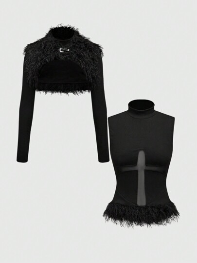 Grunge Punk 2pcs Wild & Sexy Ultra-Short Fluffy Collar Vest