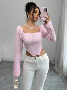 SHEIN Unity بلوزة نسائية بياقة مربعة وأكمام طويلة ضيقة باللون الوردي، متعددة الاستخدامات أنيقة فرنسية عتيقة مناسبة لوجبة الإفطار المبكرة، أنيقة لعيد الحب وعيد الميلاد ورأس السنة الجديدة - وردي - مشاهدة 7