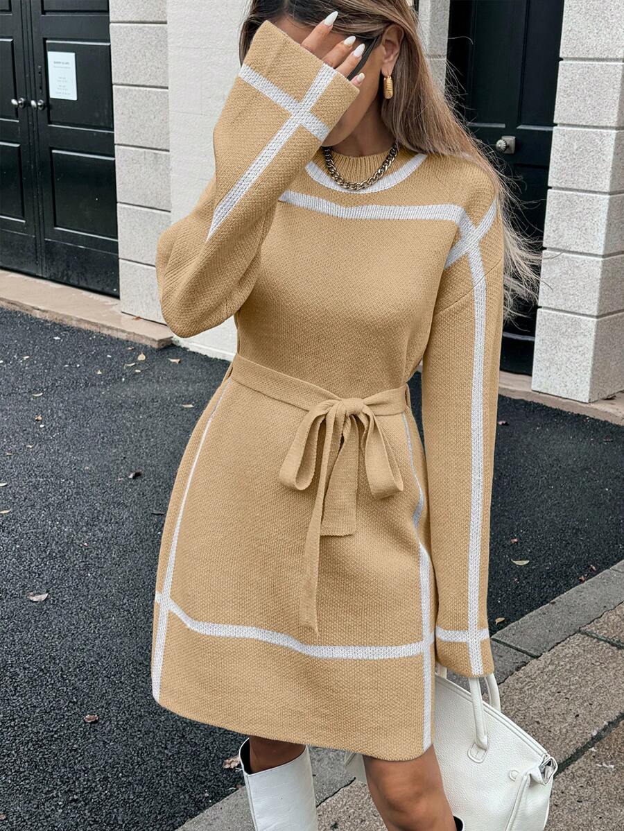 Chiquease 女式落肩宽松系带毛衣连衣裙