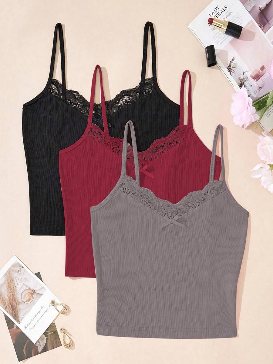 Lowkey Lull 3pcs Women's Solid Color Lace Patchwork Bowknot Casual Tops, Daily Wear - Multicolor - View 1