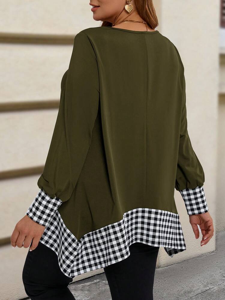 Plus Size Casual Color Block Asymmetric Hem Plaid T-Shirt,Winter Tops, Autumn&Winter Women Clothes