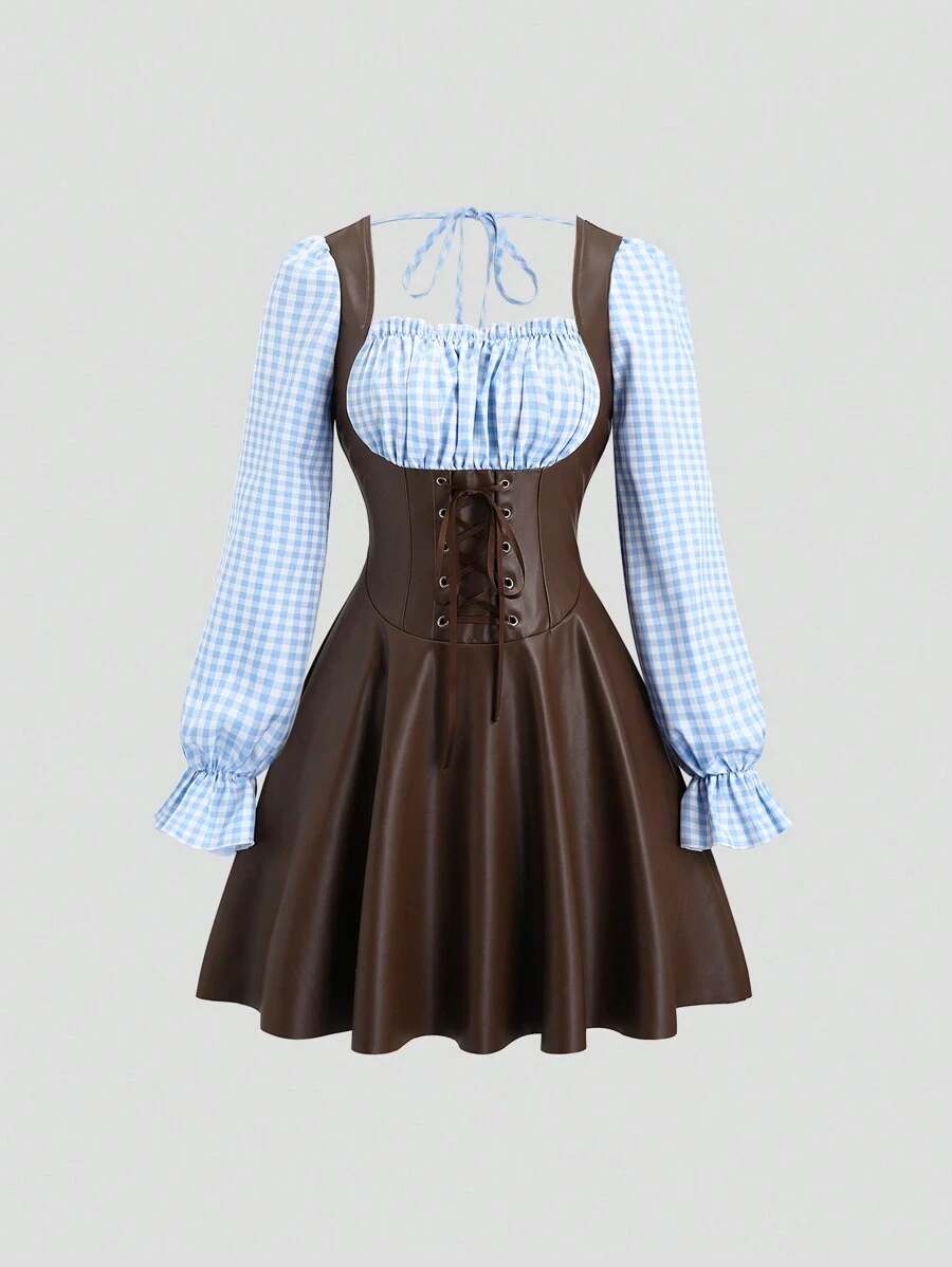 Sweetra Retro Blue Plaid Patchwork PU Long Sleeve Regular Fit Dress For Women, Spring & Autumn - Multicolor - View 1