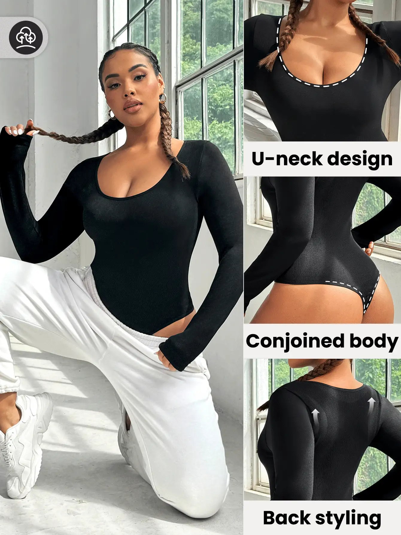 Easithlete 女式加大码黑色无缝长袖健身运动紧身衣 - 黑色 - 查看 2