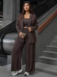 Calvaya Plus Size Women's Fashion Solid Color Casual Elegant Blazer, Long Pants, Vest, 3pcs Business Suit Set, Work Commuter Style, Spring/Autumn - Coffee Brown - View 4
