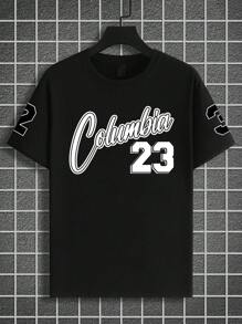 Manfinity Homme Camiseta de manga corta negra de talla grande para hombre, con estilo informal y deportivo, con impresión numérica y de letras, para el verano