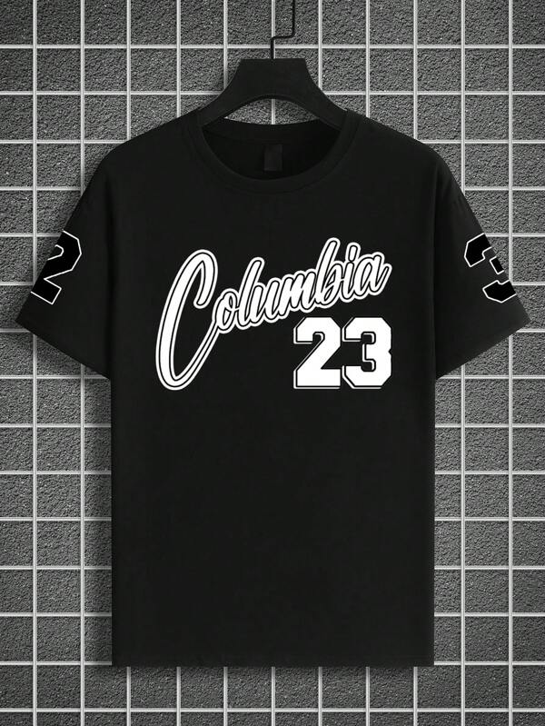 Manfinity Homme Herren Große Größen Lässig Street Style sportlich Nummer & Buchstaben Muster Kurzarm schwarzes T-Shirt, Sommer