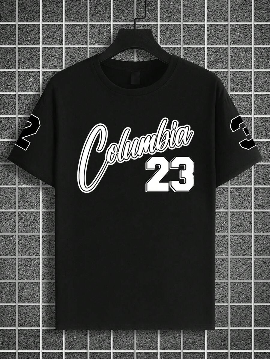 Manfinity Homme Camiseta de manga corta negra de talla grande para hombre, con estilo informal y deportivo, con impresión numérica y de letras, para el verano