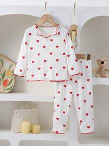 2pcs Baby Girls' White Background Red Heart Print Long Sleeve Top And Pants Casual Comfortable Elegant Pajamas - White - View 1