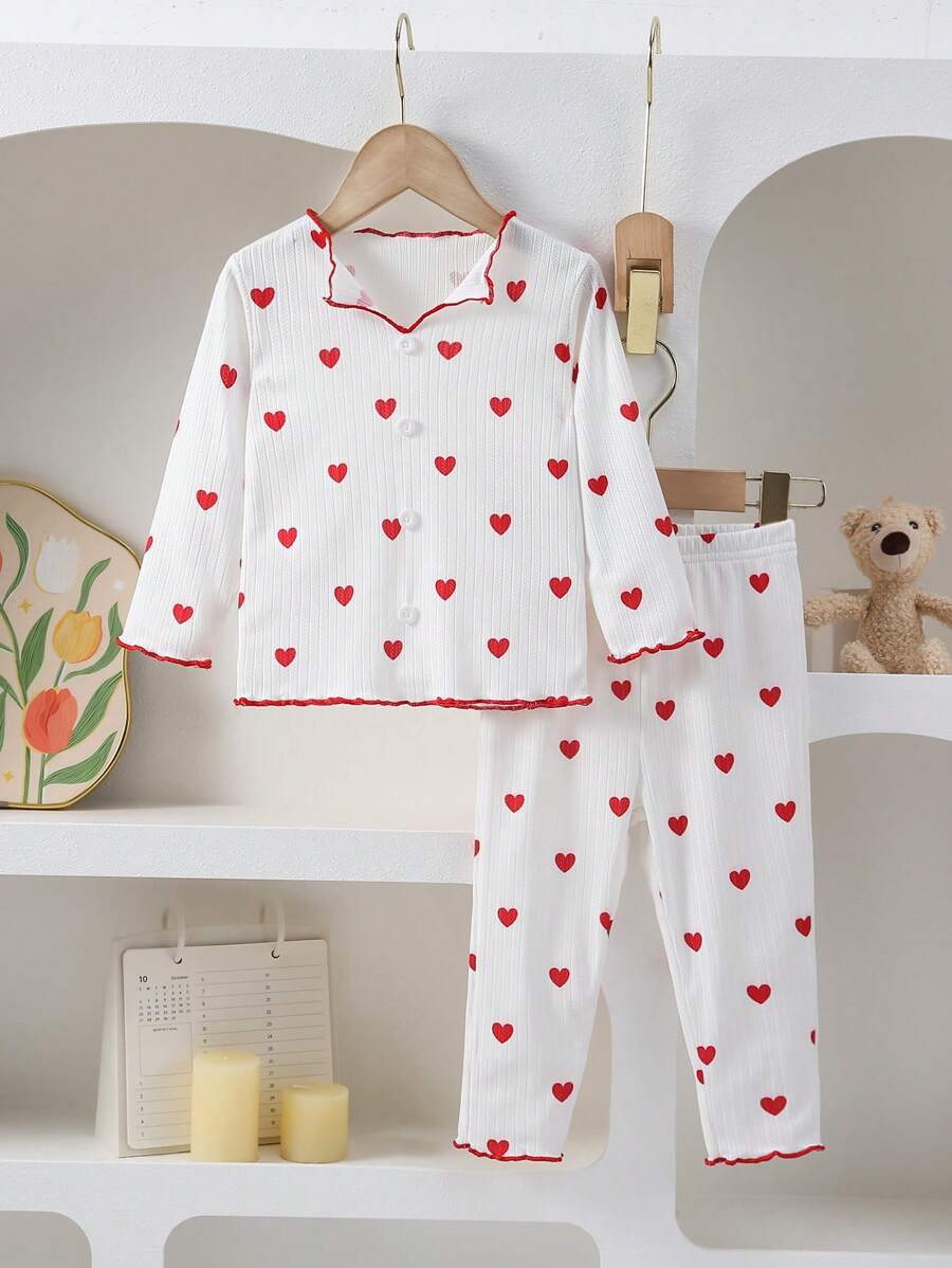 2pcs Baby Girls' White Background Red Heart Print Long Sleeve Top And Pants Casual Comfortable Elegant Pajamas - White - View 1