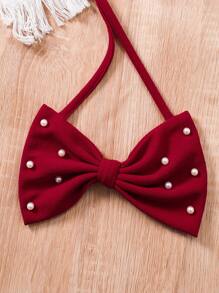 SHEIN Glamorique Kids 青少年女孩珍珠装饰纯色短袖连衣裙，配有蝴蝶结和斜挎包 - 紅色 - 查看 8