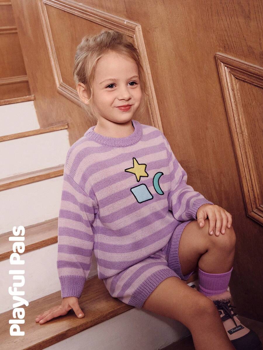 SHEIN 2 Stück Sweater-Kombination für Kleine Mädchen mit Sterne/Mond/Diamant geometrischem Muster Rundhalspullover & gestrickte Shorts, süß/vintage/Lässig/outdoor für Herbst/Winter/Frühling, geeignet für Schule und Ausflüge - Violett - Übersicht 1