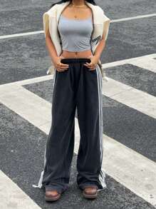 SHEIN EZwear 女式新款星空图案拼色腰带裤 - 黑色 - 查看 4