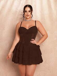 SHEIN BAE Plus Size Women's Summer Sweet Party Date Ballet White Stitching Lace Bra Cup Details Suspender Cake Dress Skirt - Coffee Brown - View 5