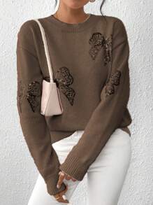 Chiquease Crew Neck Pullover Sweater With Rhinestone Butterfly Embroidery, Pink, For Autumn/Winter