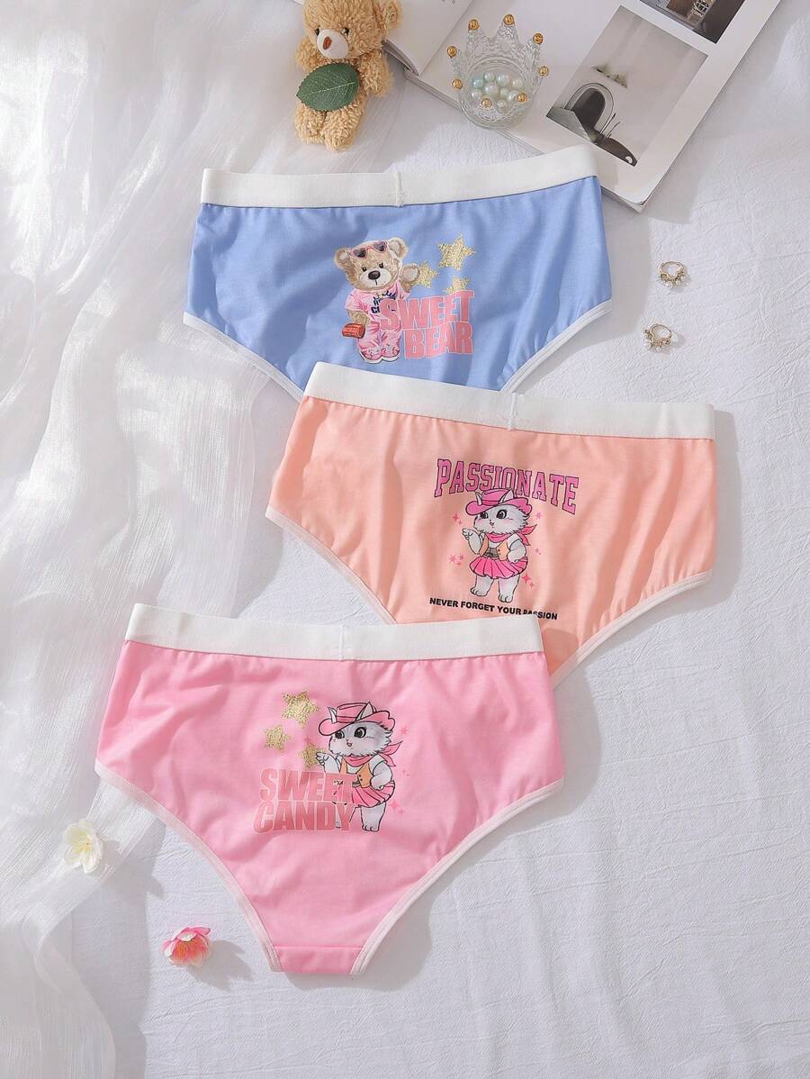 3pcs/Set Casual Street Style Denim, Cat & Bear Print Girls Underwear - Multicolor - View 1