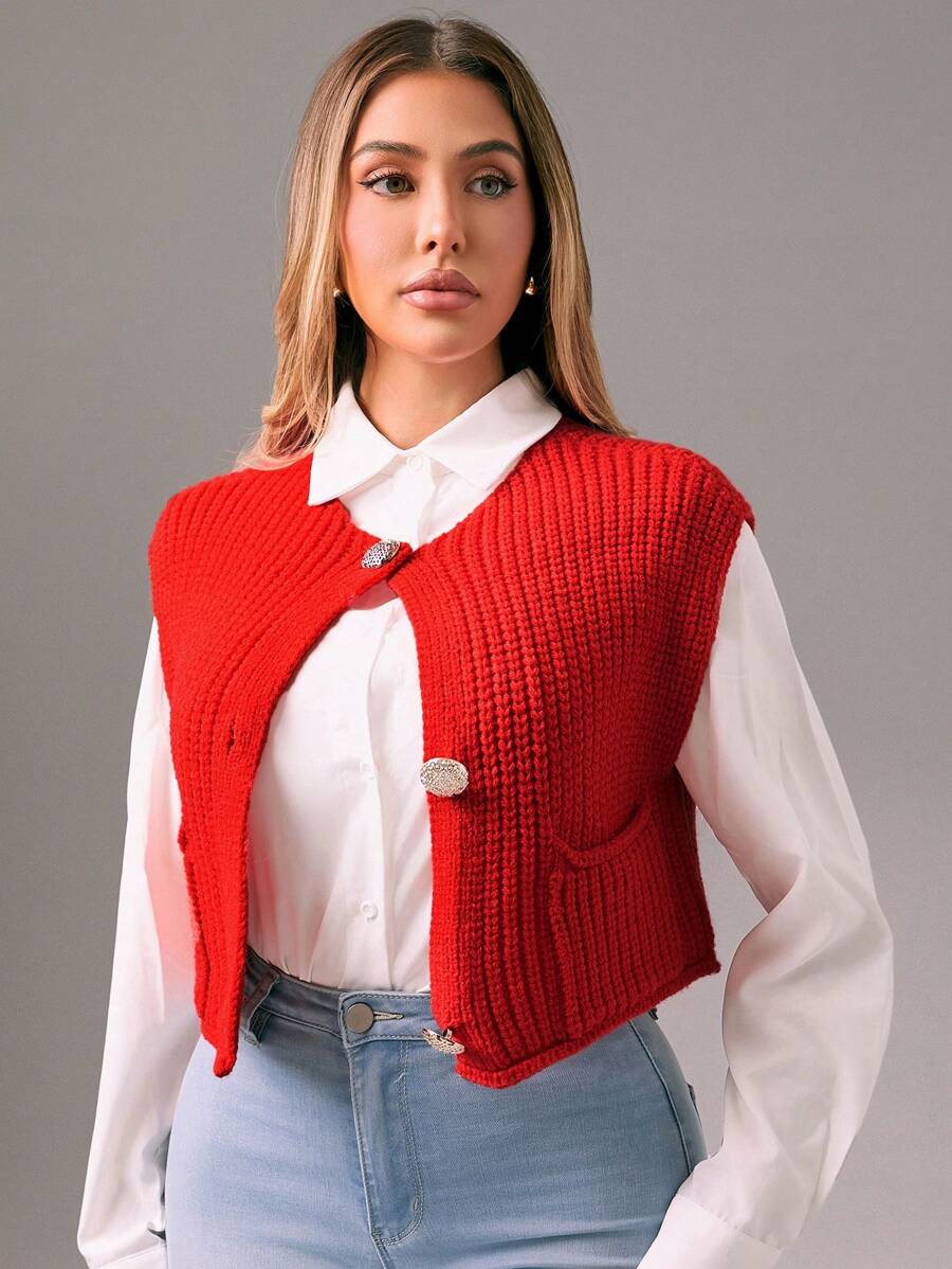Zolique Cardigan Pendek Kasual Tanpa Lengan dengan Bukaan Depan untuk Wanita, Warna Polos, Pakaian Musim Gugur untuk Tahun Baru - Merah - View 1