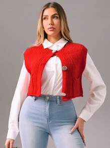 Zolique Cardigan Pendek Kasual Tanpa Lengan dengan Bukaan Depan untuk Wanita, Warna Polos, Pakaian Musim Gugur untuk Tahun Baru - Merah - View 3