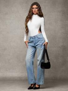 SHEIN BAE Women's Autumn Simple Versatile Tight Backless High Collar Bodysuit, Suitable For Casual, Dating And Everyday Wear