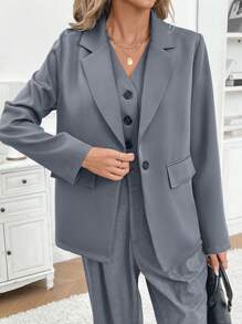 SHEIN Frenchy 女士纯色经典休闲日常无袖西装外套，无袖背心和夹克，2 件套，通勤，极简主义，办公室，老款，简约，休闲日常穿着，圣诞女装，除夕，秋冬 - 深灰色 - 查看 4