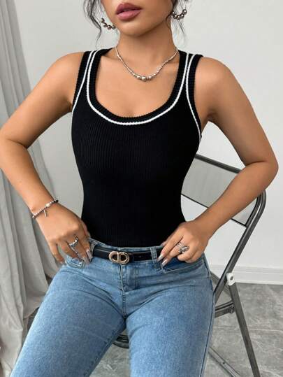 Siren Gaze Women's Solid Color Contrast Strap Simple Casual Tank Top French Casual Solid Color Block Black Splicing White Sleeveless Tank Top Can Be Bottoming External Valentine's Day Summer Outfits For Women Summer Summer Tops Summer Vests