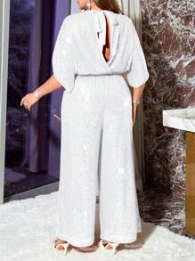 SHEIN Privé Plus Size Sequin Decor Elegant Loose Tied Jumpsuit For Women, Versatile For All Seasons - White - View 2