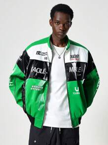 ROMWE MEN Street Life Men's Racing Autumn Letter Print PU Leather Long Sleeve Casual Racing Jacket, Green - Green - View 1