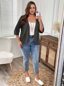 EMERY ROSE Plus Size Vacation Outfits Woman Women Cardigans Solid Color Asymmetric Hem Casual Resort CostumeJacket Winter Fall Autumn - Grey - View 5