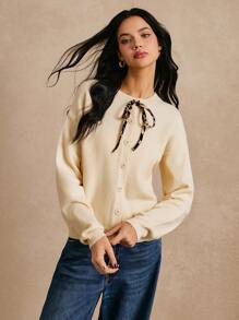 Poéselle Women's Casual Leopard Pattern Tie Solid Color Cardigan, Autumn