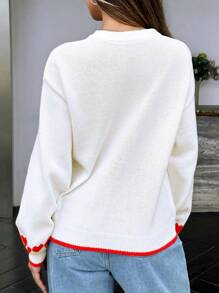 INAWLY Suéter casual de mujer de manga larga con caída en los hombros y patrón de corazón suelto, suéter de punto de otoño/invierno - Blanco - Ver 2