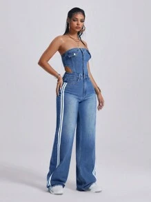 Jeanoix Women's Casual Hollow Out Strap Bustier Denim Jumpsuit - Dark Wash - View 3