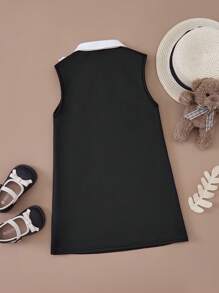 PrepCrw Young Girls' College Style Black & White Splicing Ruffle Trim Woven Bodycon Dress With Collar