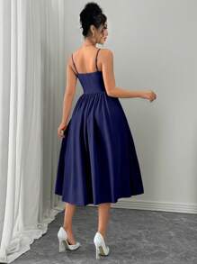 Rafferiza Vestido acampanado con espalda descubierta, versátil y de moda, apropiado para citas, fiestas, otoño/invierno - Azul Marino - Ver 2
