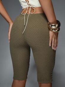 MISSGUIDED 纹理针织及膝骑行短裤高腰塑身压缩裤蜂窝图案夏季紧身裤休闲运动服 - 軍綠色 - 查看 5