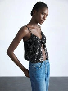 Maija 女式黑色闪亮亮片面料迷人 V 领宽松细肩带吊带上衣，适合所有季节，时尚都市优雅休闲装，商务休闲办公室，低调精致时尚，城市通勤必备品，编辑精选，社交名媛节日派对，浪漫优雅邮轮度假装 - 黑色 - 查看 6