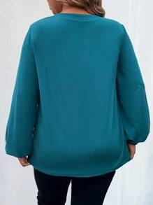 SHEIN LUNE 大码女式休闲 V 领纯色 T 恤，秋冬 - 藍色 - 查看 2