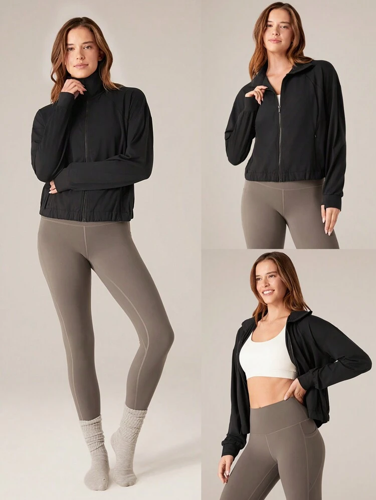 Chaqueta deportiva de cuello alto con efecto secado rápido y transpirable, con bolsillos ocultos y ojales para el pulgar, para uso diario y casual