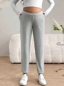 SHEIN Quần dài đơn giản bỏ túi màu trơn cho bà bầu, mặc thường ngày - Xám - Xem 4