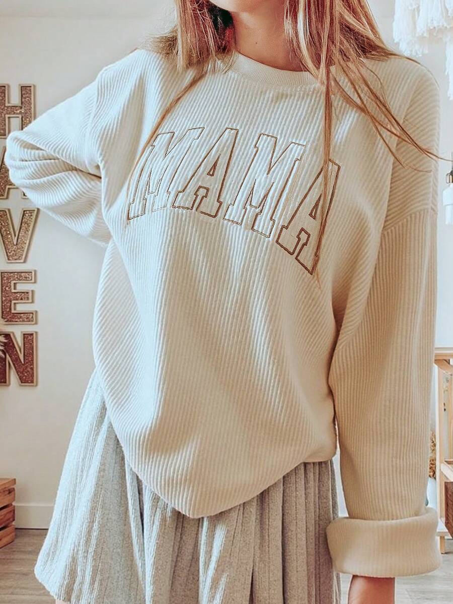 INAWLY 宽松女士 MAMA 刺绣印花卫衣，秋冬 - 米色 - 查看 1