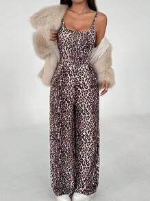 SHEIN Unity 无袖直筒豹纹露背连体裤，宽松版型 - 彩色 - 查看 5