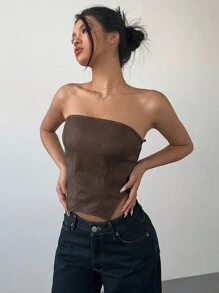 Aloruh Top con corpiño estilo corsé de piel desgastada con hombros descubiertos de estilo vintage, tipo pirata, para mujer para otoño e invierno