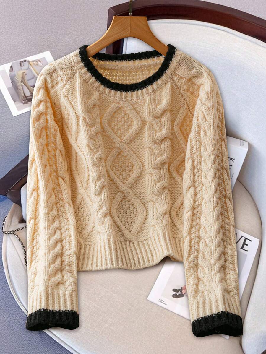 SHEIN Unity 女士百搭圆领长袖绞花针织毛衣，秋冬款 - 彩色 - 查看 1