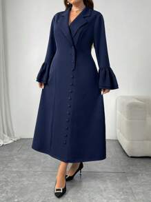 Mulvari Plus Size Solid Color Front Button Long Sleeve Flat Collar Minimalist Casual Short Dress,Graduation Dress - Navy Blue - View 5