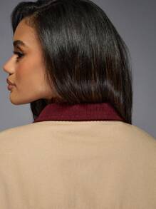 MISSGUIDED Utility Oversized Work Jacket Autumn Winter Cotton Canvas Outerwear With Burgundy Ribbed Collar Cuffs Zip Pockets Casual Street Style - Khaki - View 5