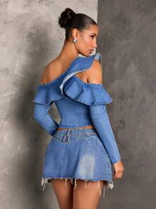 SHEIN BAE Áo cánh bèo nhún một bên vai bằng vải denim dành cho nữ, trang phục dự tiệc gợi cảm, áo denim tay dài, áo dài tay màu xanh, áo giáng sinh, trang phục sang trọng, áo giáng sinh dành cho nữ, áo trễ vai, áo mùa đông dành cho nữ - Rửa trung bình - Xem 2