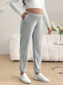 SHEIN Quần dài đơn giản bỏ túi màu trơn cho bà bầu, mặc thường ngày - Xám - Xem 1