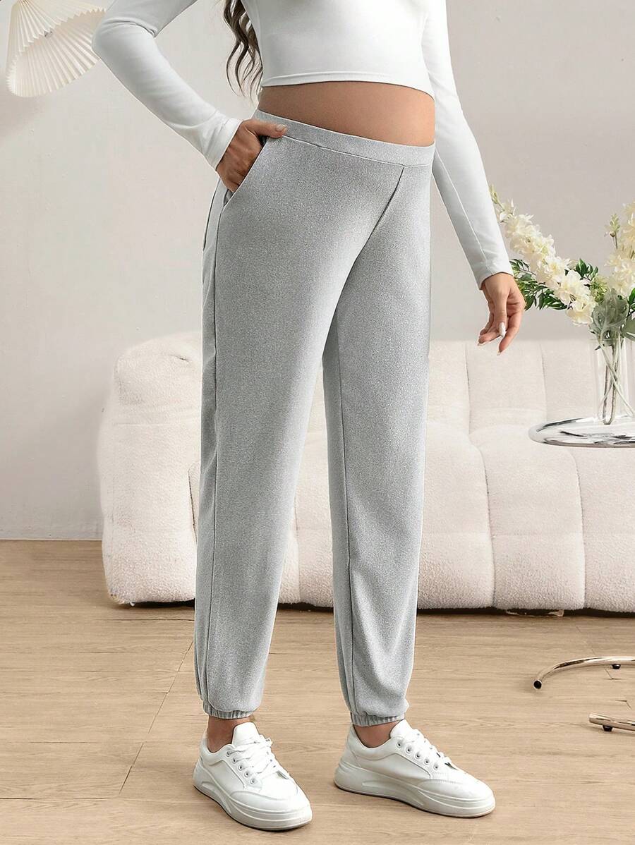 SHEIN Quần dài đơn giản bỏ túi màu trơn cho bà bầu, mặc thường ngày - Xám - Xem 1