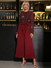SHEIN Clasi 女士闪亮立领灯笼袖圣诞宽腿连体裤，适合秋冬季派对 - 酒紅色 - 查看 3